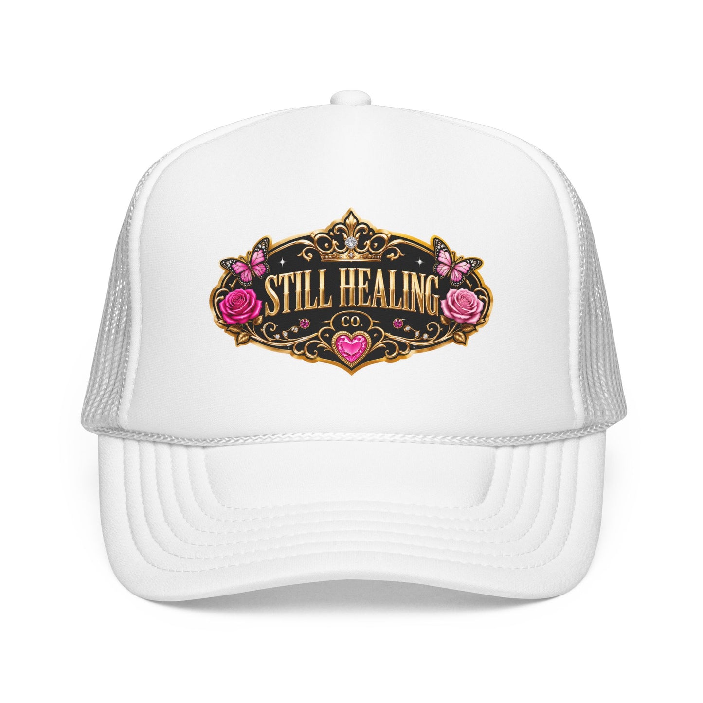Still Healing Trucker Hat — Floral Vintage Patch Foam Cap