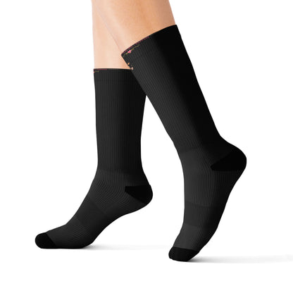 Black Sublimation Socks with Pink Floral “Still Healing” Script — Comfort Crew Socks for Self-Care & Gifts
