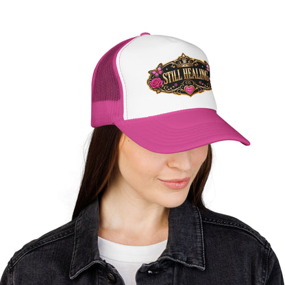 Still Healing Trucker Hat — Floral Vintage Patch Foam Cap