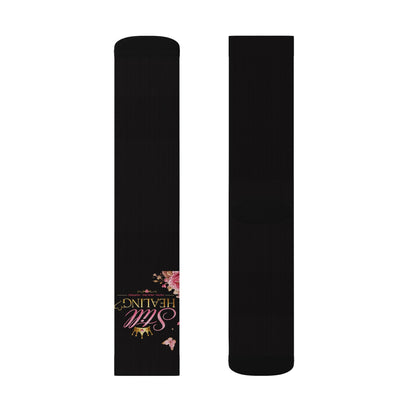 Black Sublimation Socks with Pink Floral “Still Healing” Script — Comfort Crew Socks for Self-Care & Gifts