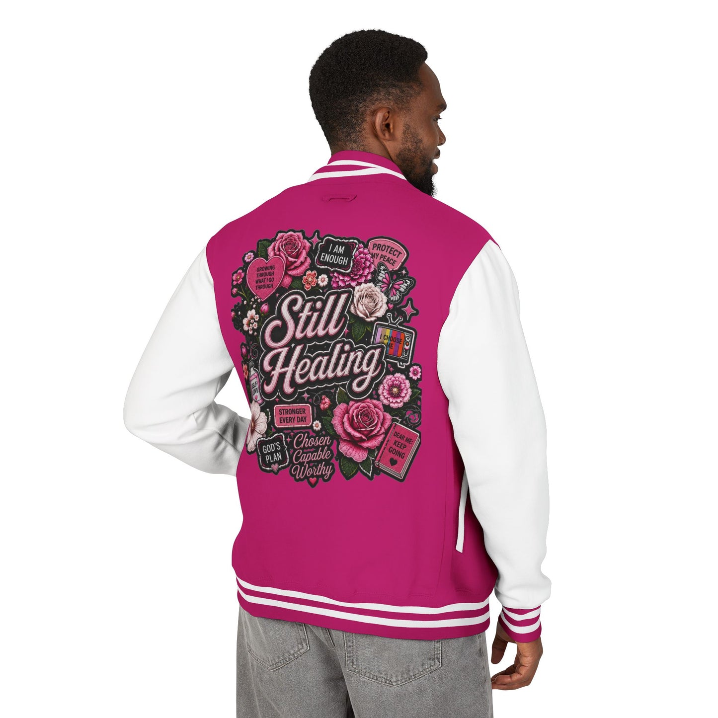 Still Healing Letterman Jacket — Pink Floral Varsity Jacket