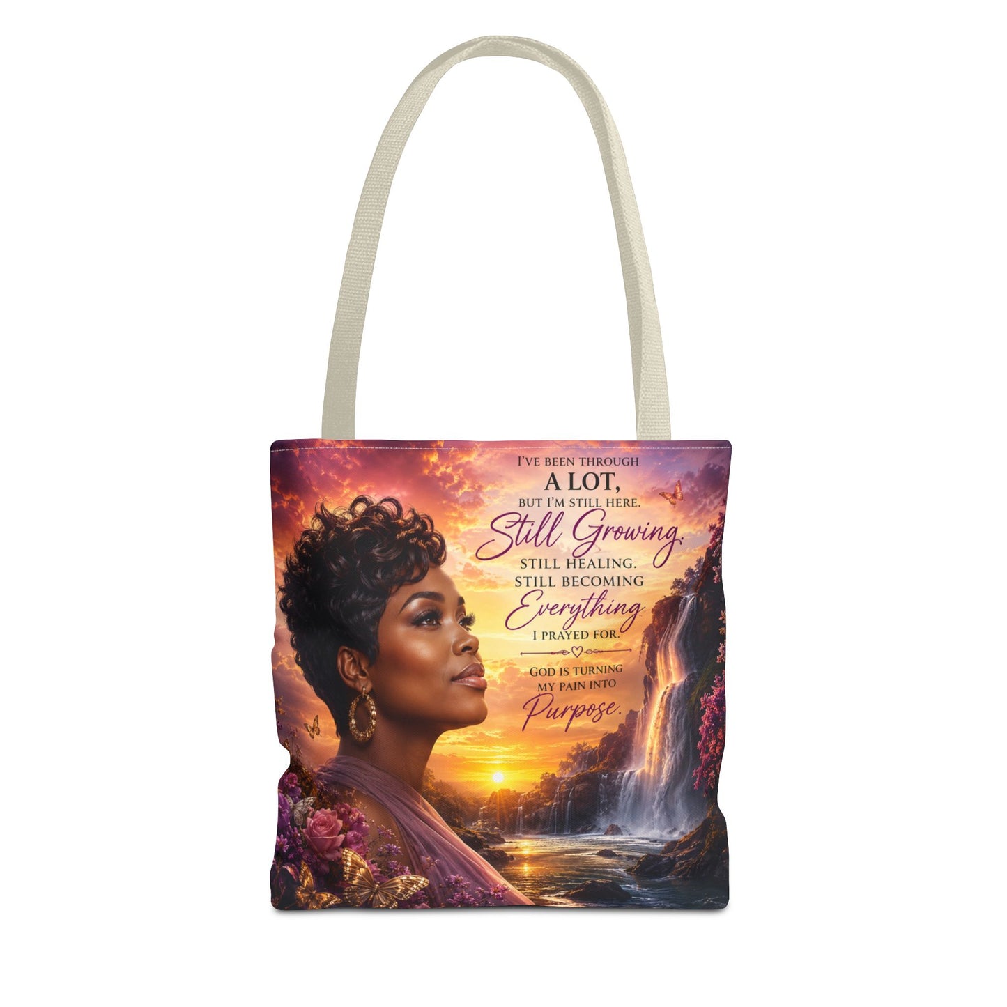 Inspirational 'Still Growing' Tote Bag — Empowering Women's Portrait Beach Sunset Design