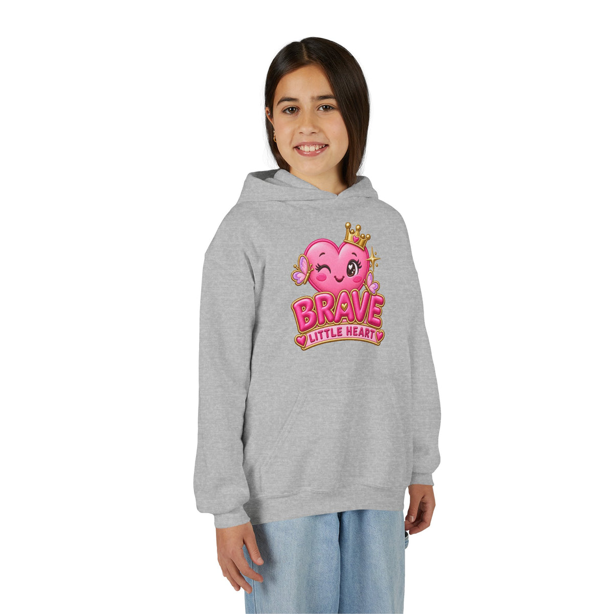 Youth Hoodie — "Brave Little Heart" Pink Heart Crown Kids Pullover