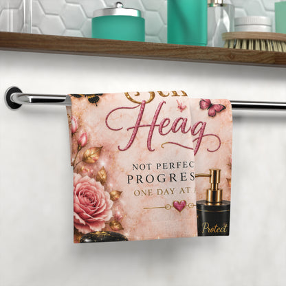 Still Healing Face Towel – Inspirational 'Not Perfect, But Progressing' Floral Design