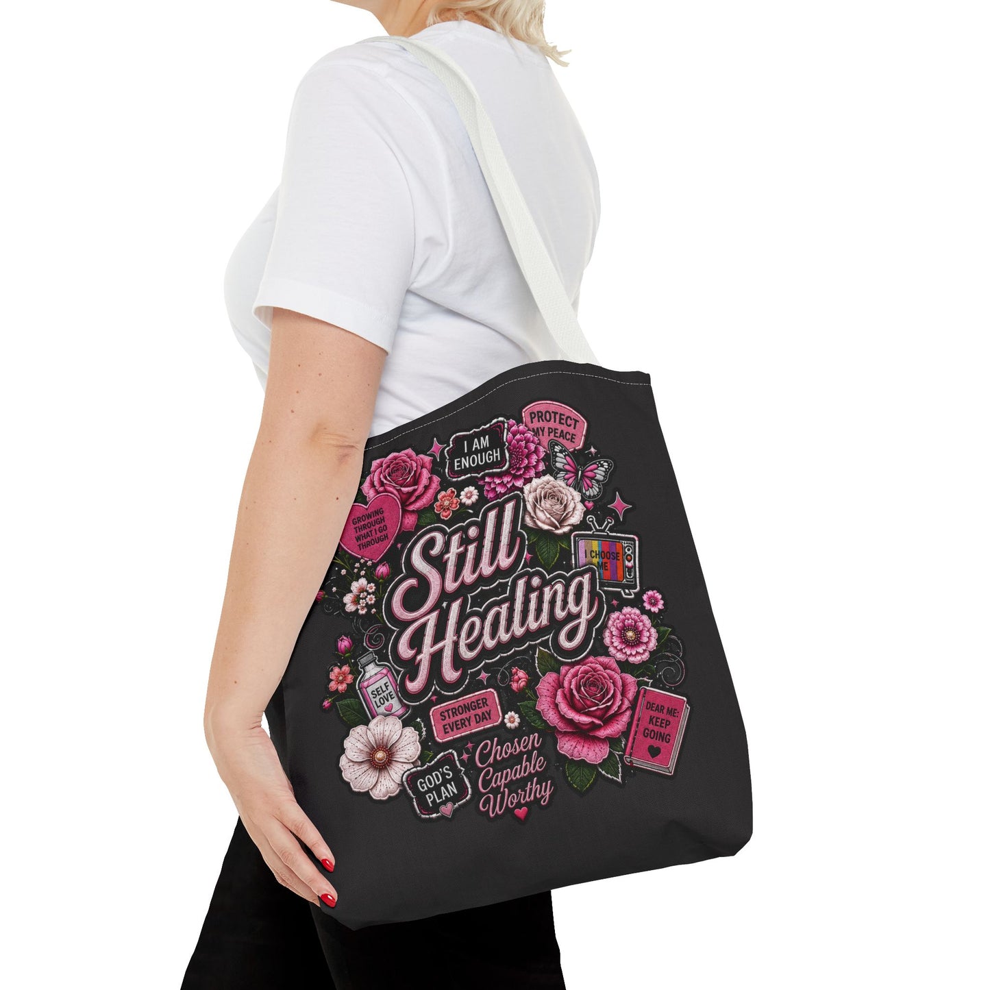 Still Healing Floral Tote Bag — Inspirational Recovery Messenger Tote