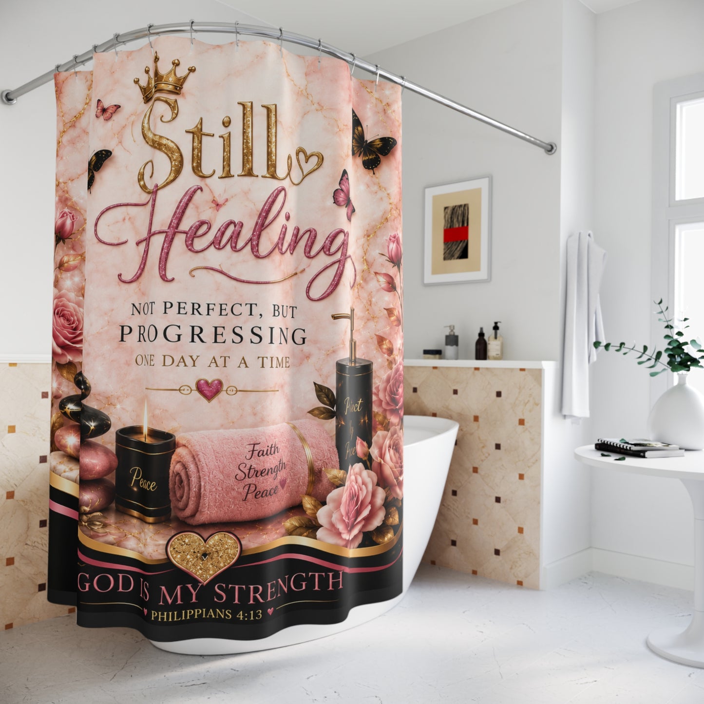 Still Healing Shower Curtain — Inspirational Christian Bathroom Decor (God Is My Strength)
