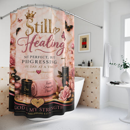 Still Healing Shower Curtain — Inspirational Christian Bathroom Decor (God Is My Strength)