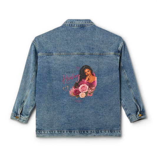 Women's Denim Jacket — Vintage Floral Pin-Up Back Patch