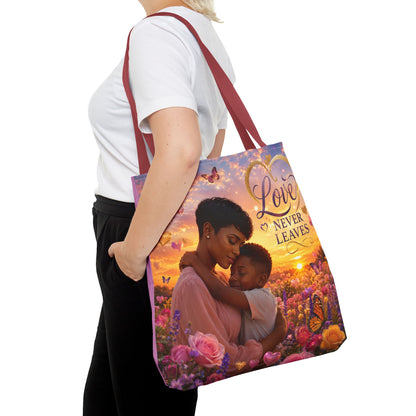 Love Never Leaves Tote Bag — Mother & Child Floral Sunset AOP Tote