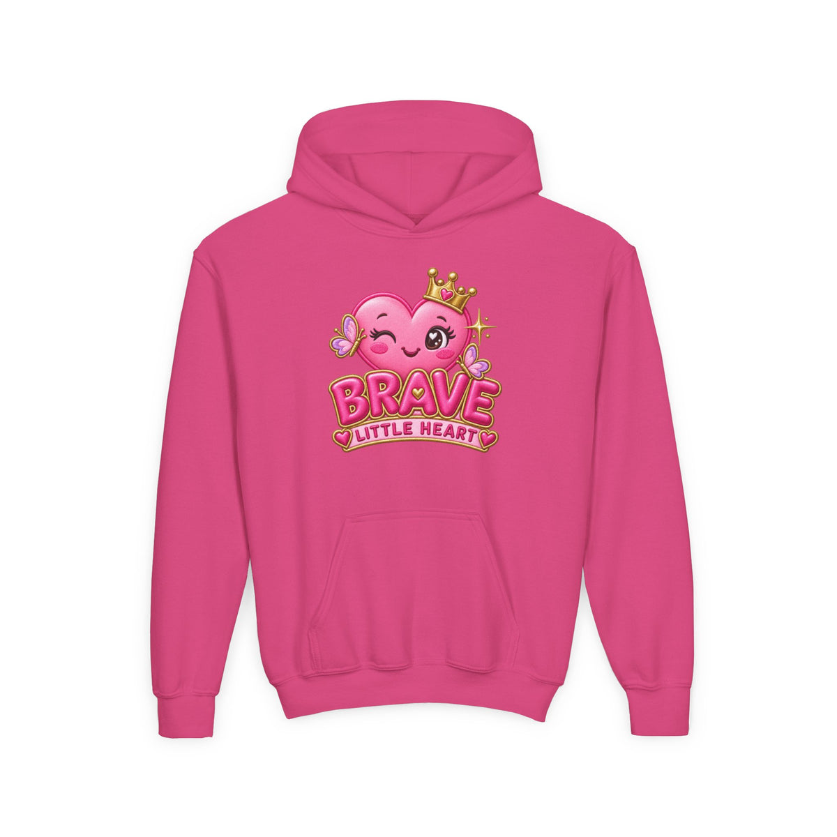 Youth Hoodie — "Brave Little Heart" Pink Heart Crown Kids Pullover