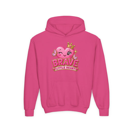 Youth Hoodie — "Brave Little Heart" Pink Heart Crown Kids Pullover