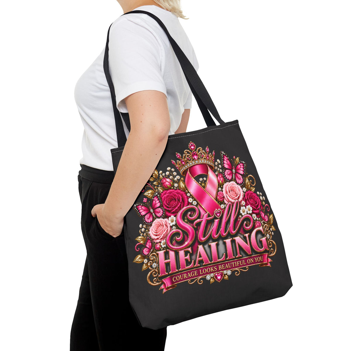 Still Healing Breast Cancer Awareness Tote Bag — Pink Ribbon Courage Floral Design