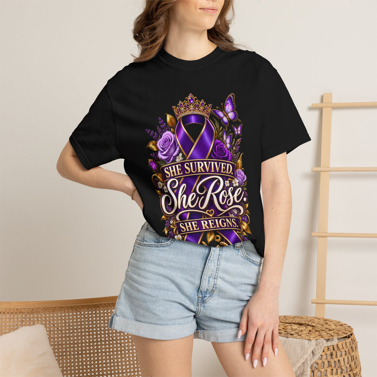 Survivor Awareness T-Shirt — "She Survived, She Rose" & "Love Should Never Hurt" Purple Ribbon Design