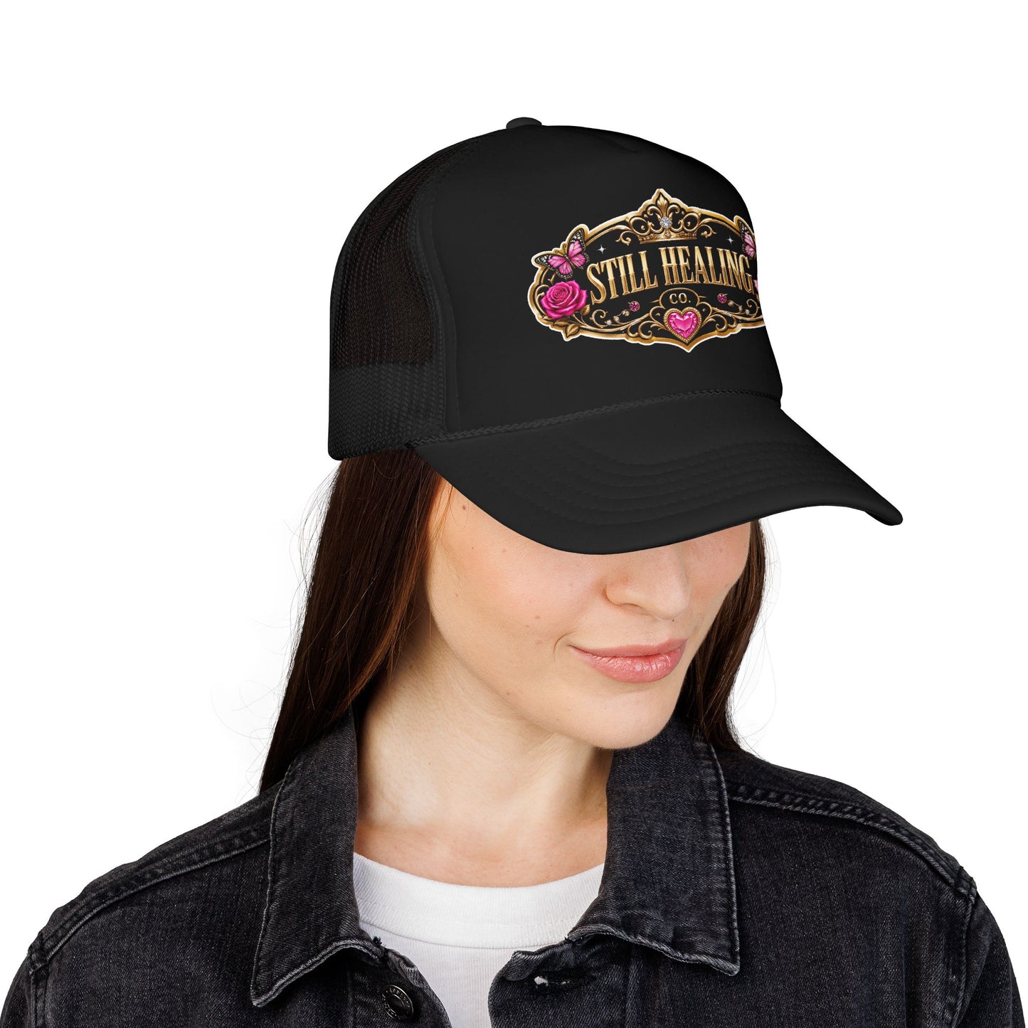 Still Healing Trucker Hat — Floral Vintage Patch Foam Cap