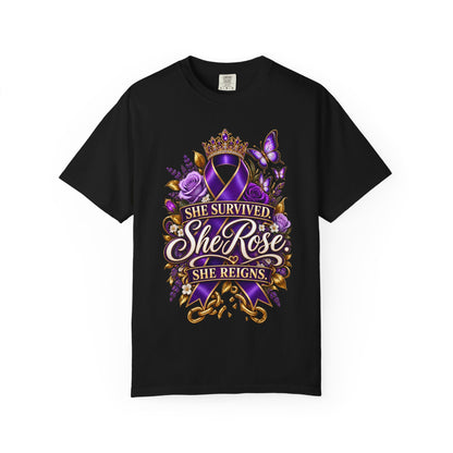 Survivor Awareness T-Shirt — "She Survived, She Rose" & "Love Should Never Hurt" Purple Ribbon Design