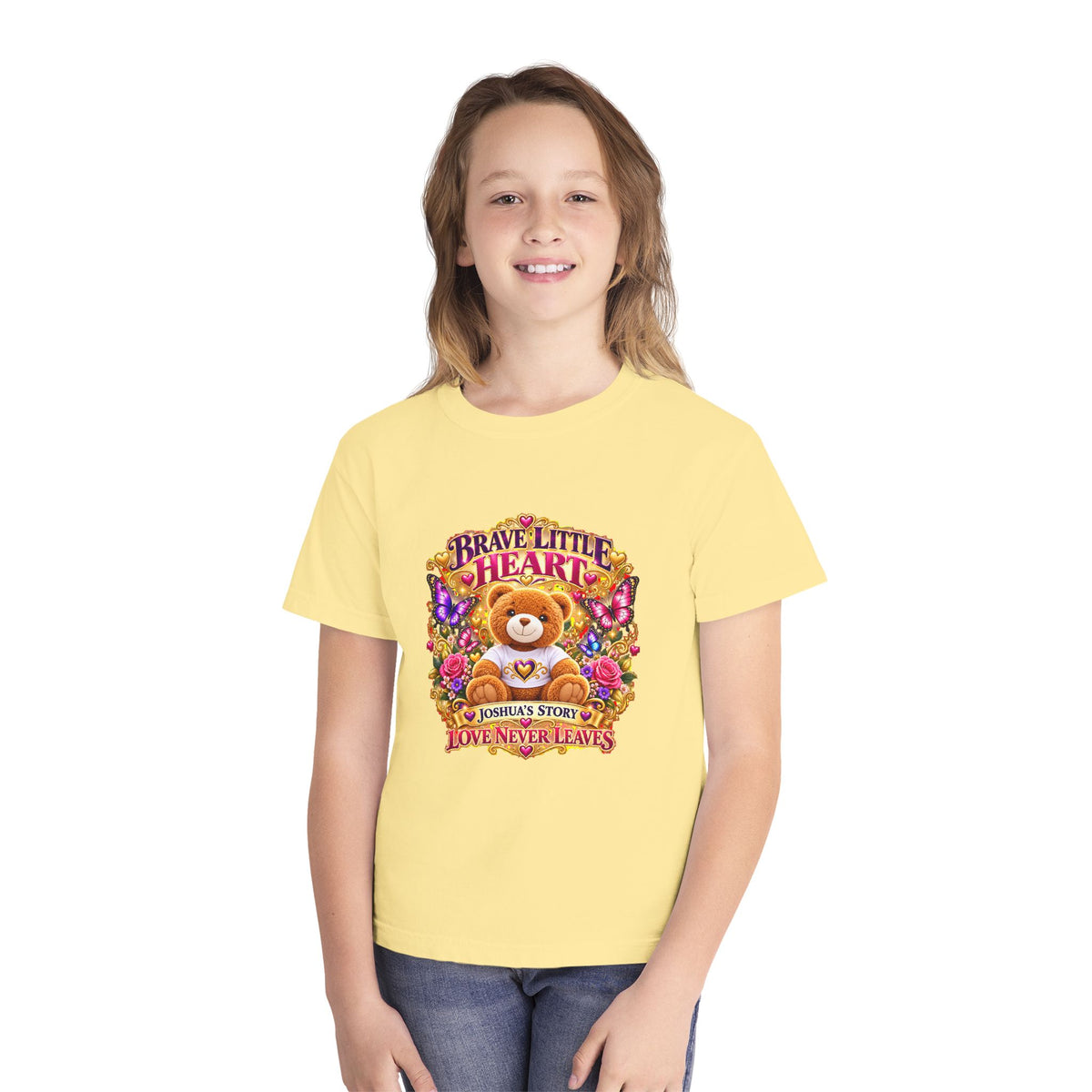 Youth Tee — "Brave Little Heart" Teddy Bear Floral Comfort Shirt