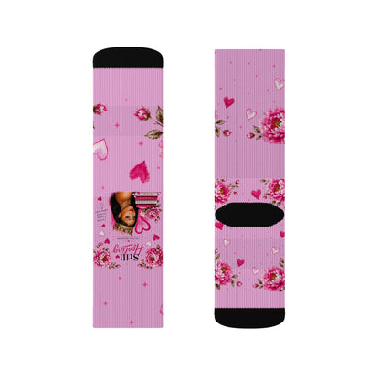 Pink Floral Heart Sublimation Socks — Romantic Valentine's Day Crew Socks
