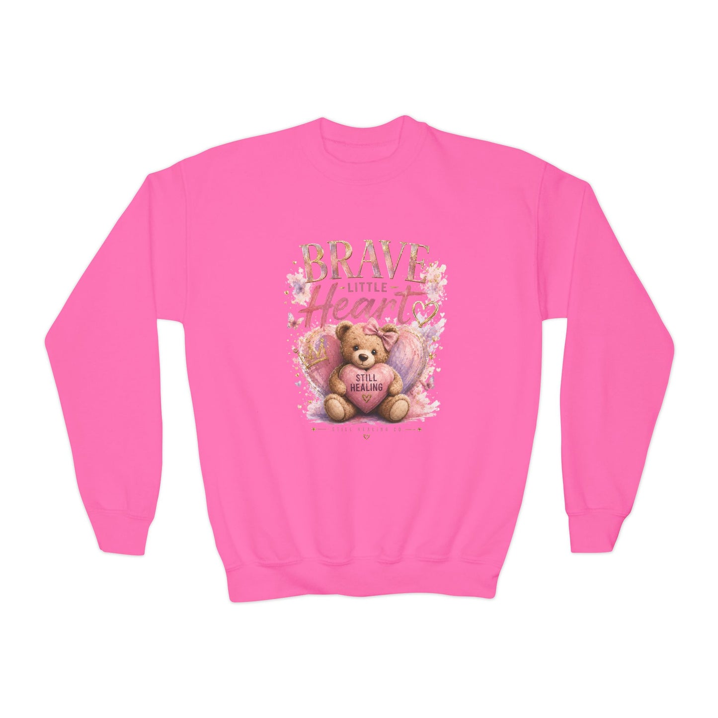 Youth Crewneck Sweatshirt — "Brave Little Heart" Teddy Bear Graphic