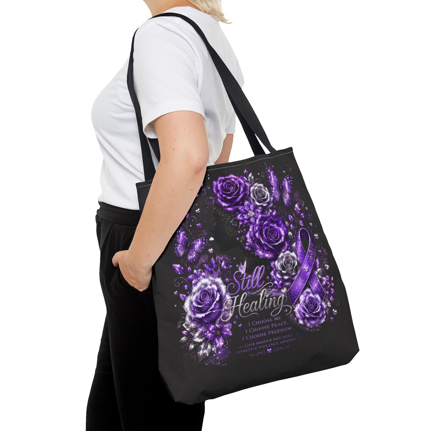 Purple Ribbon 'Still Healing' Floral Tote Bag
