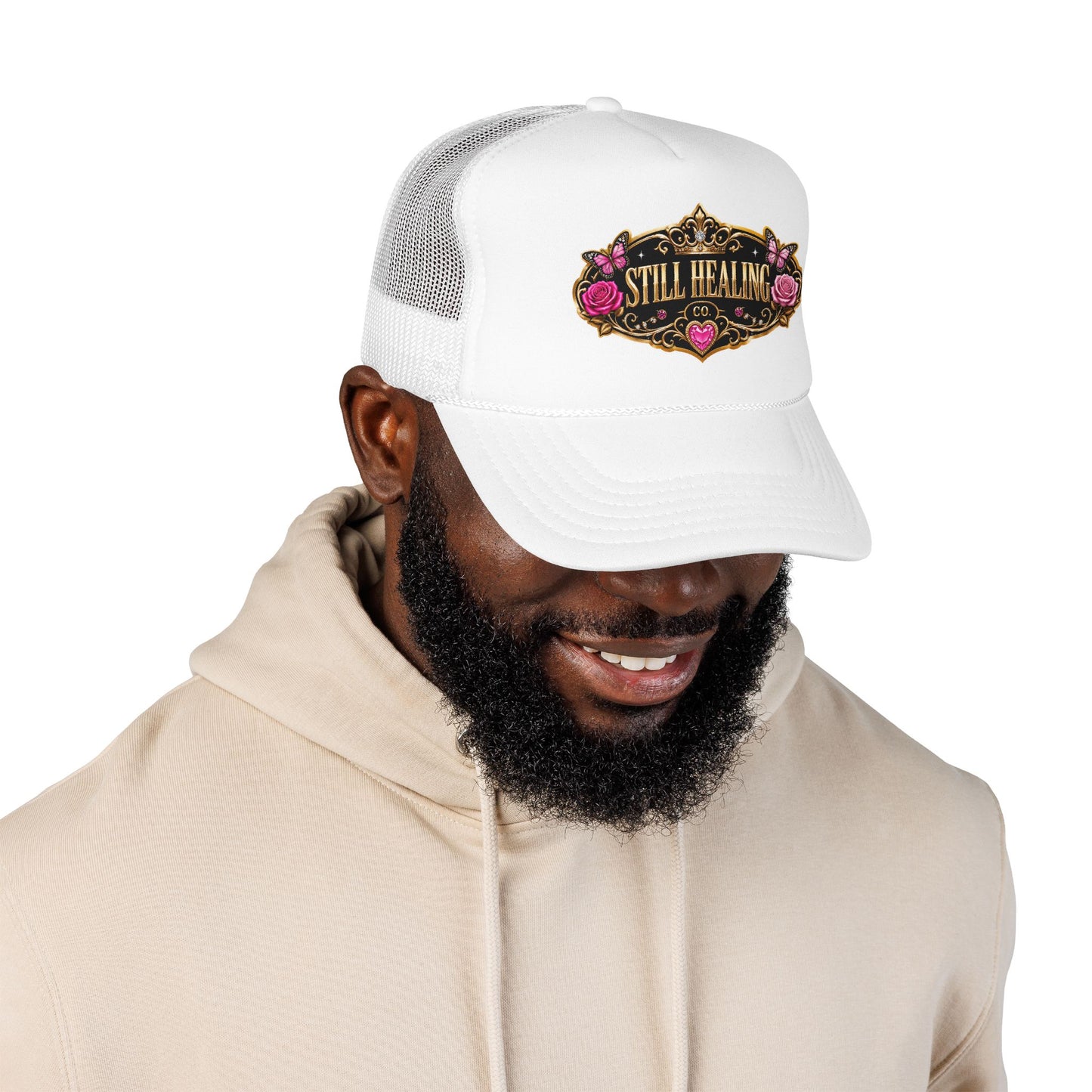 Still Healing Trucker Hat — Floral Vintage Patch Foam Cap