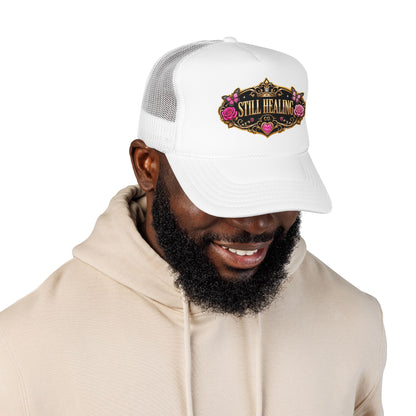 Still Healing Trucker Hat — Floral Vintage Patch Foam Cap