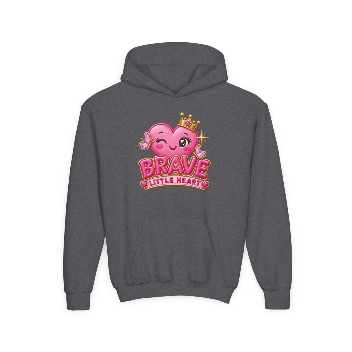 Youth Hoodie — "Brave Little Heart" Pink Heart Crown Kids Pullover