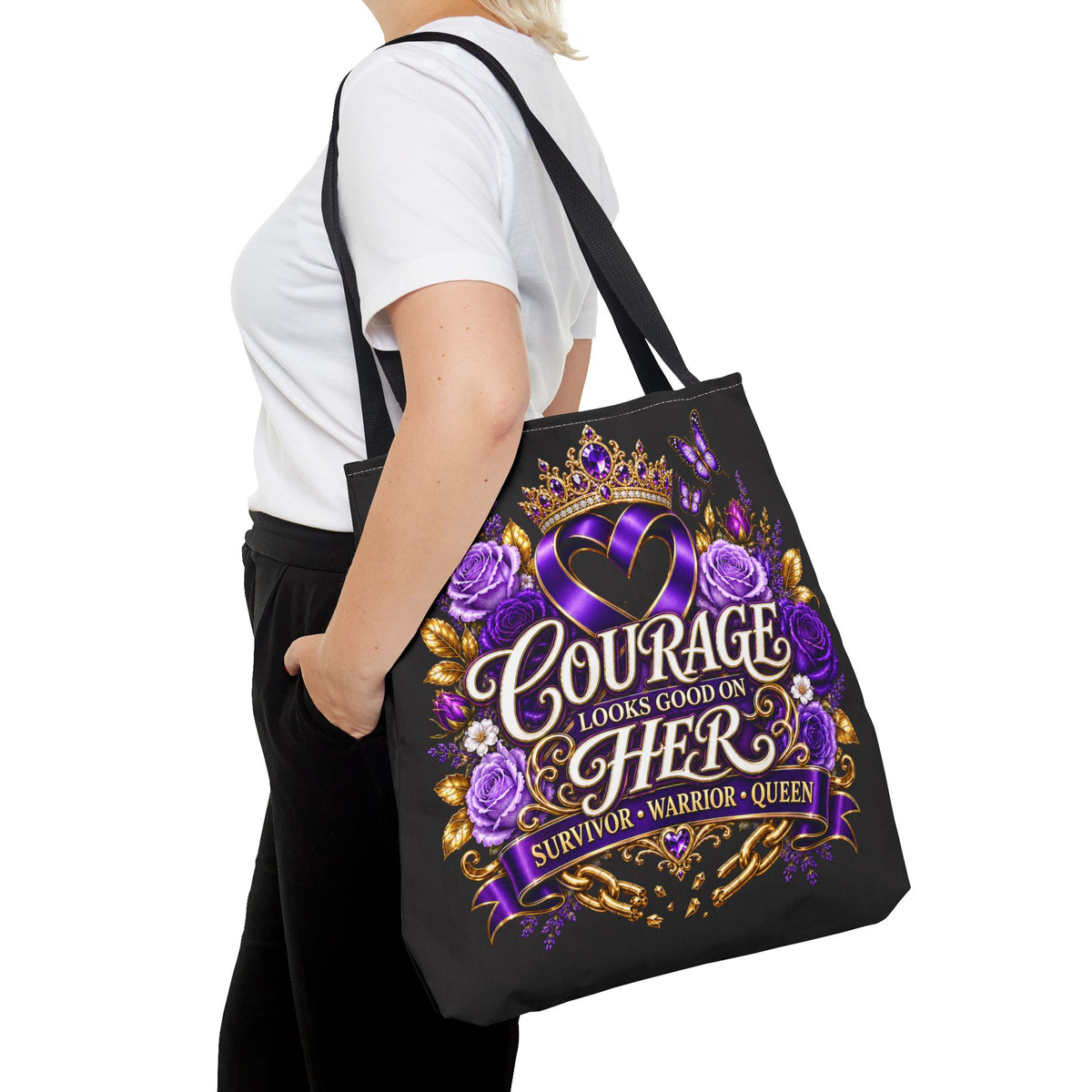 Courage Looks Good on Her Tote Bag — Purple Survivor Warrior Queen Tote