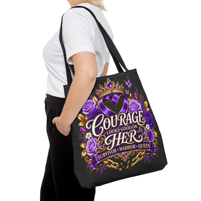 Courage Looks Good on Her Tote Bag — Purple Survivor Warrior Queen Tote