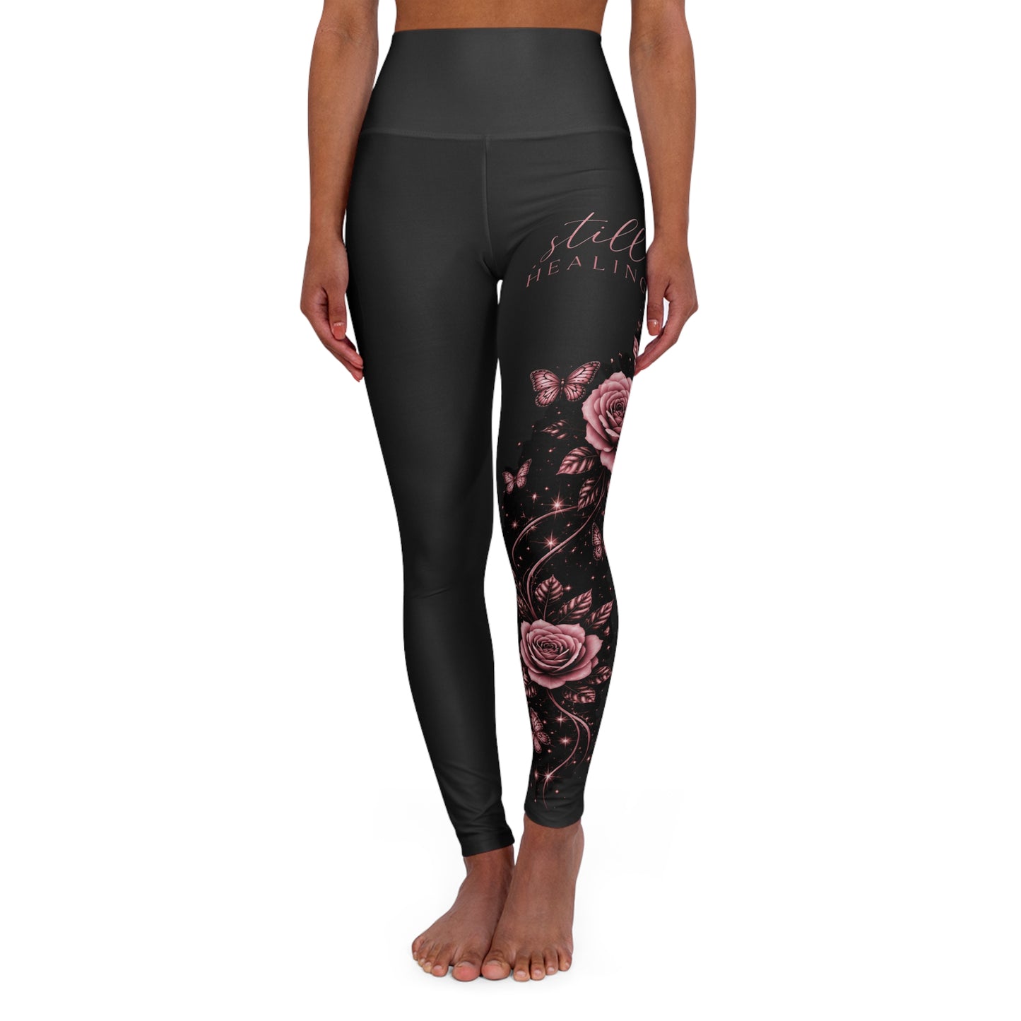 High-Waisted Floral Yoga Leggings — Rose Accent AOP