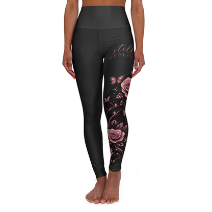 High-Waisted Floral Yoga Leggings — Rose Accent AOP