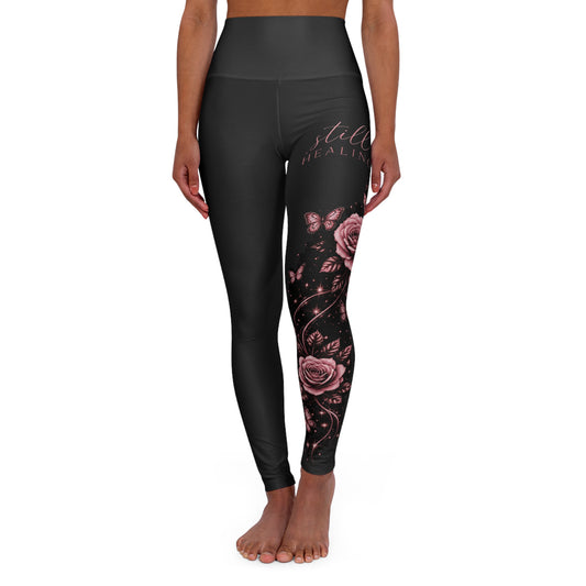 High-Waisted Floral Yoga Leggings — Rose Accent AOP