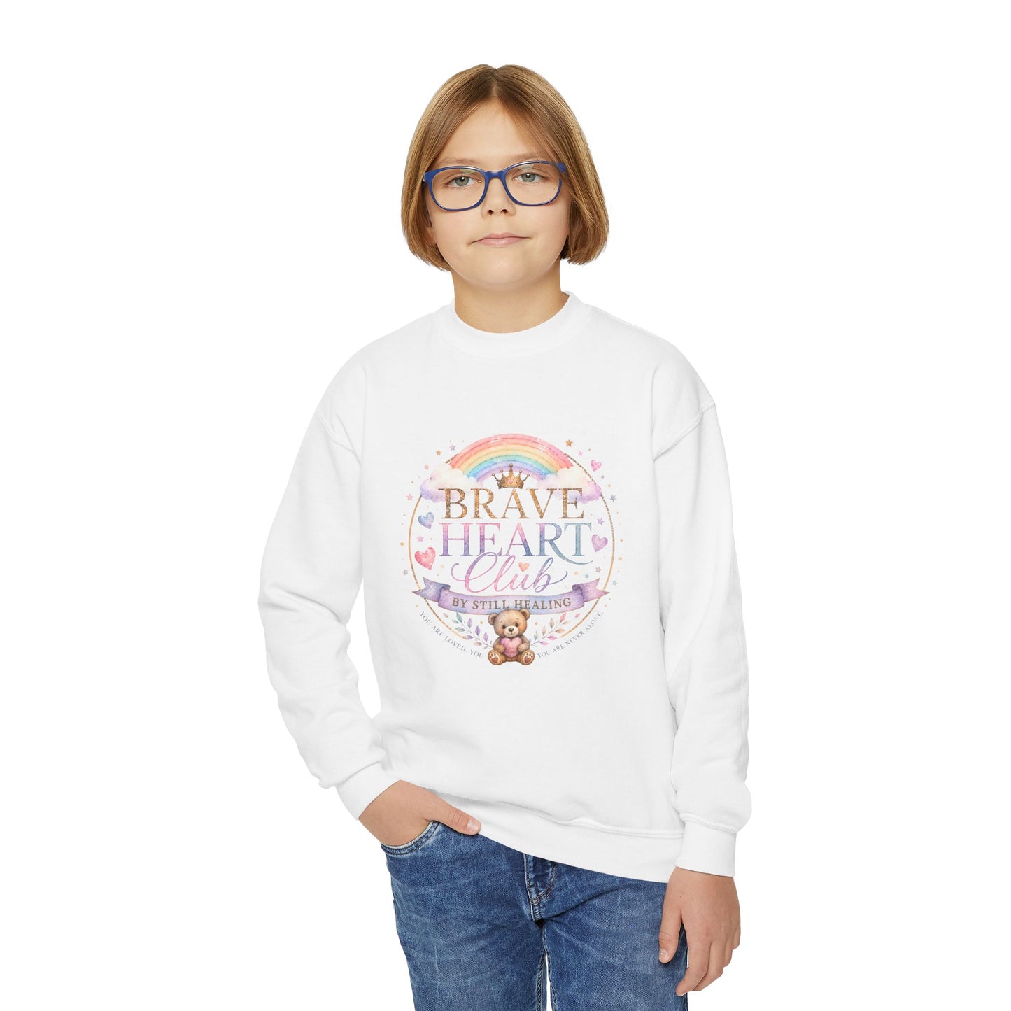 Brave Heart Club Youth Crewneck Sweatshirt — Rainbow Teddy Cancer Awareness