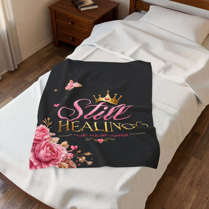 Still Healing Plush Blanket — Inspirational Faith Healing Throw with Crown & Roses