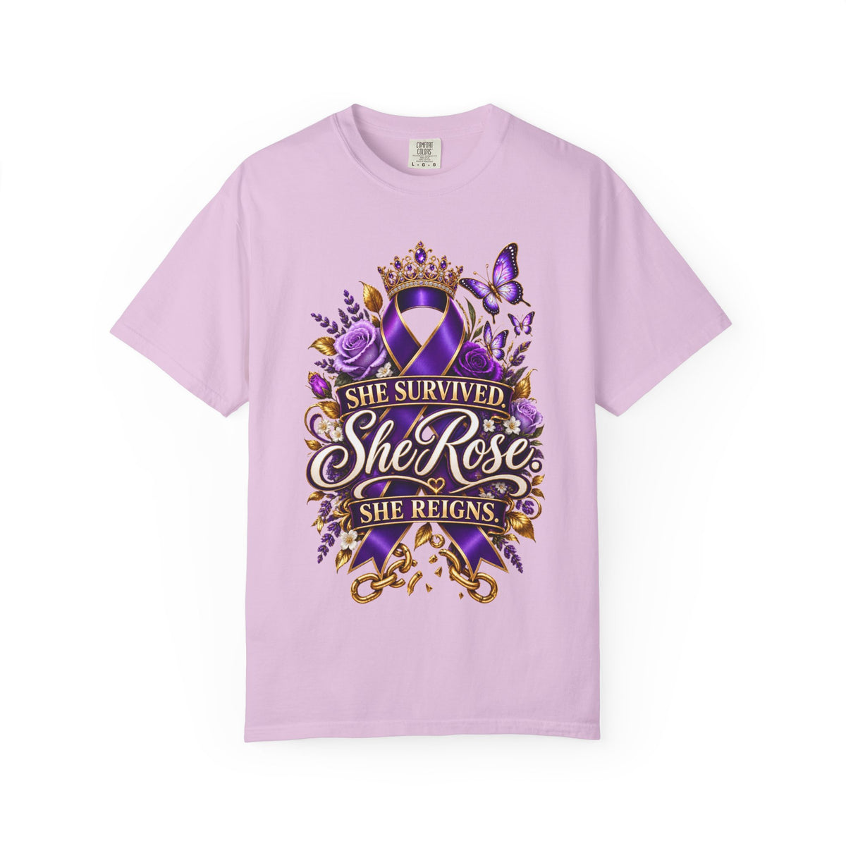 Survivor Awareness T-Shirt — "She Survived, She Rose" & "Love Should Never Hurt" Purple Ribbon Design