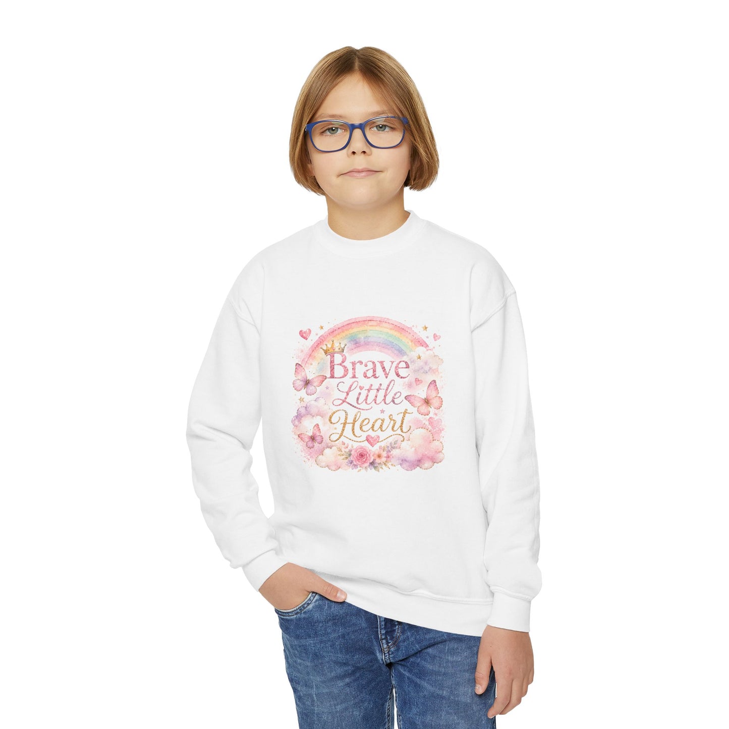 Youth Sweatshirt – "Brave Little Heart" Rainbow Floral Crewneck