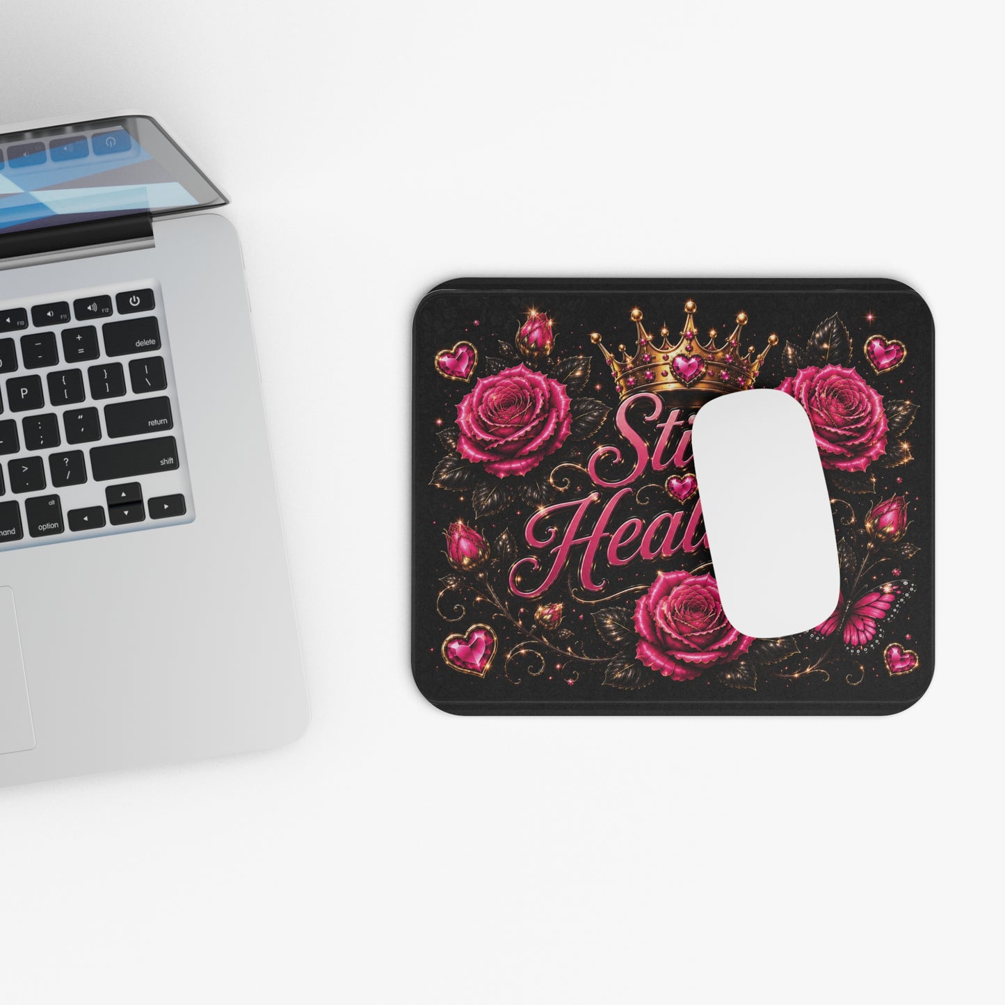 Still Healing Mouse Pad — Pink Roses, Crown & Butterfly Desk Mat