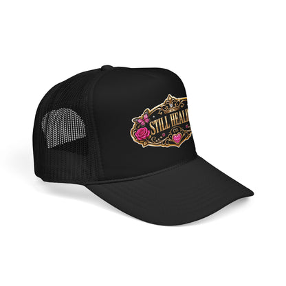 Still Healing Trucker Hat — Floral Vintage Patch Foam Cap