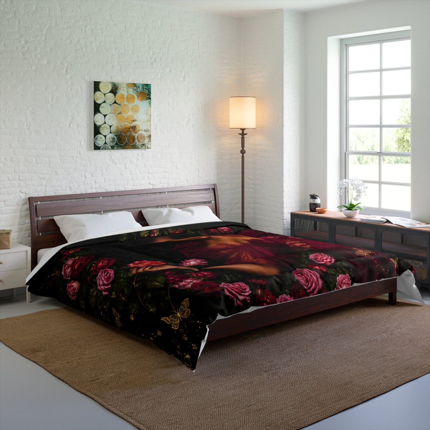 Romantic Rose Queen Comforter – Elegant Woman Portrait in Burgundy Gown