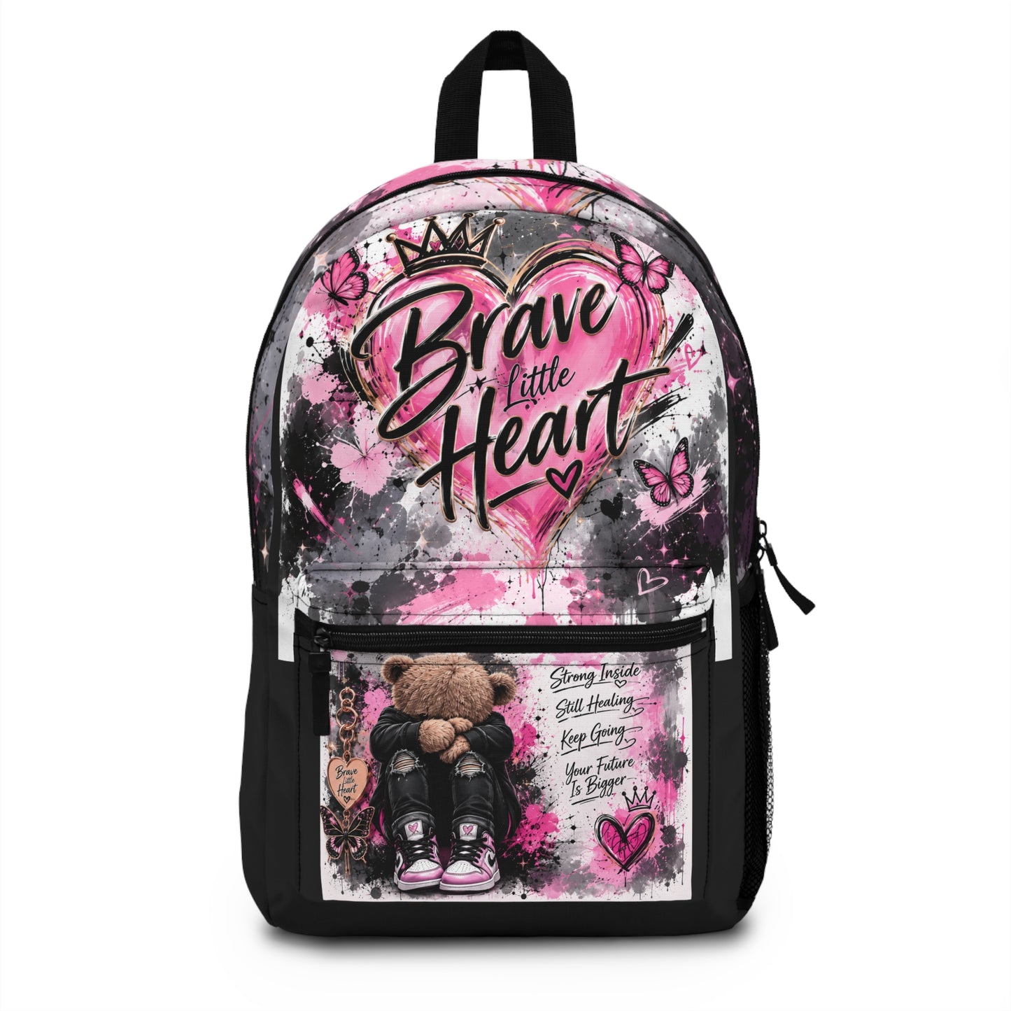 Backpack — Brave Little Heart Pink Teddy Girls School Bag, Inspirational Kids Bookbag