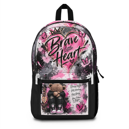 Backpack — Brave Little Heart Pink Teddy Girls School Bag, Inspirational Kids Bookbag