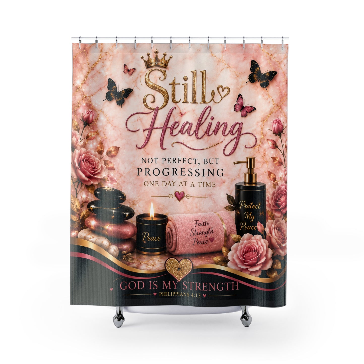 Still Healing Shower Curtain — Inspirational Christian Bathroom Decor (God Is My Strength)