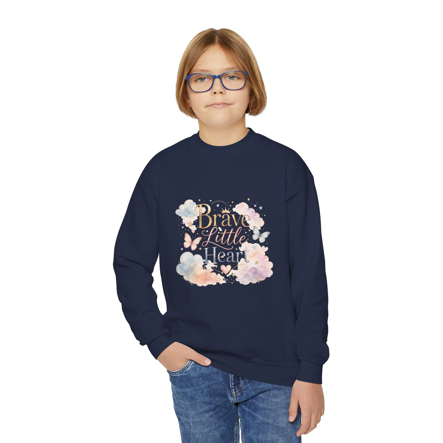 Youth Sweatshirt — "Brave Little Heart" Watercolor Butterfly Crewneck