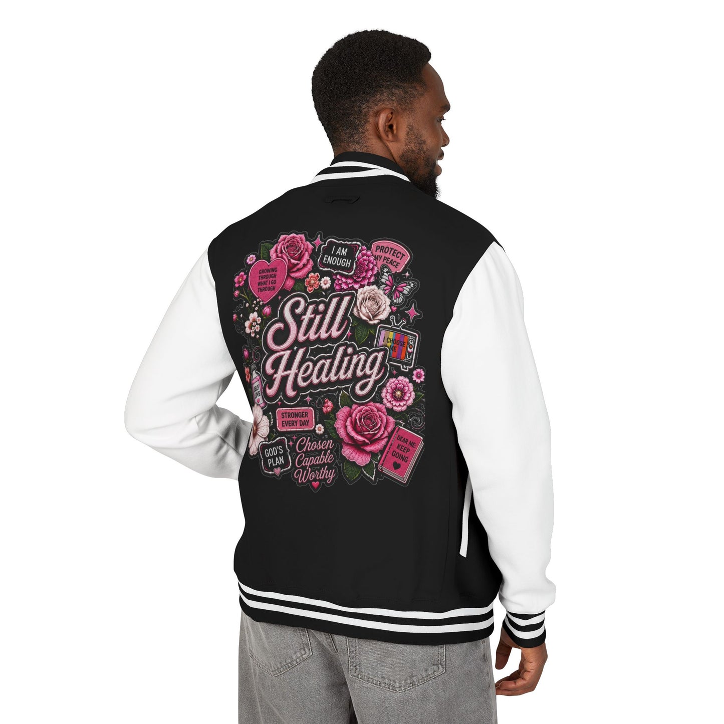 Still Healing Letterman Jacket — Pink Floral Varsity Jacket