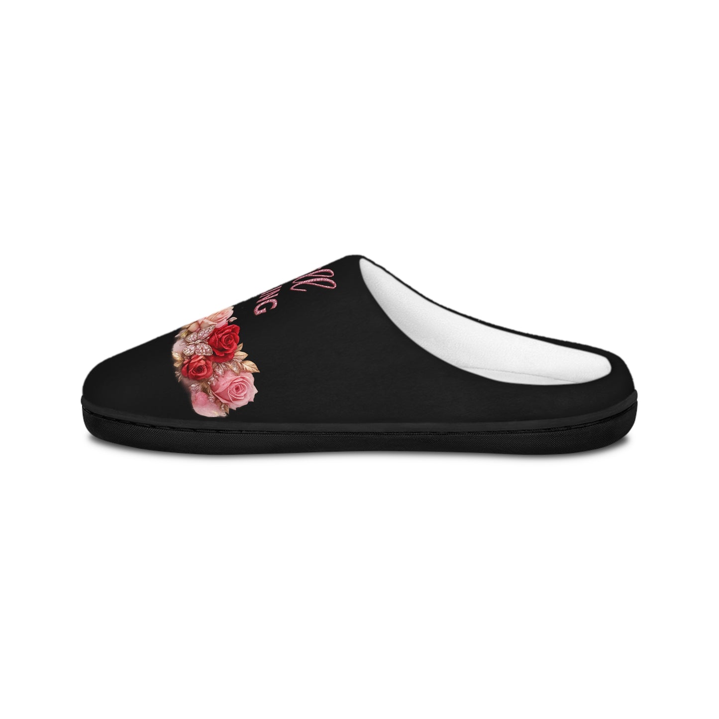 Slip-On Indoor Slippers — Soft Black Floral “Still Healing” Comfort Slides for Women
