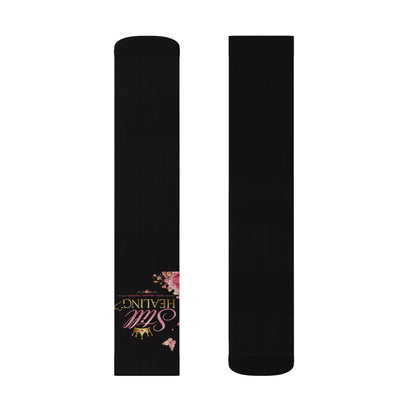 Black Sublimation Socks with Pink Floral “Still Healing” Script — Comfort Crew Socks for Self-Care & Gifts