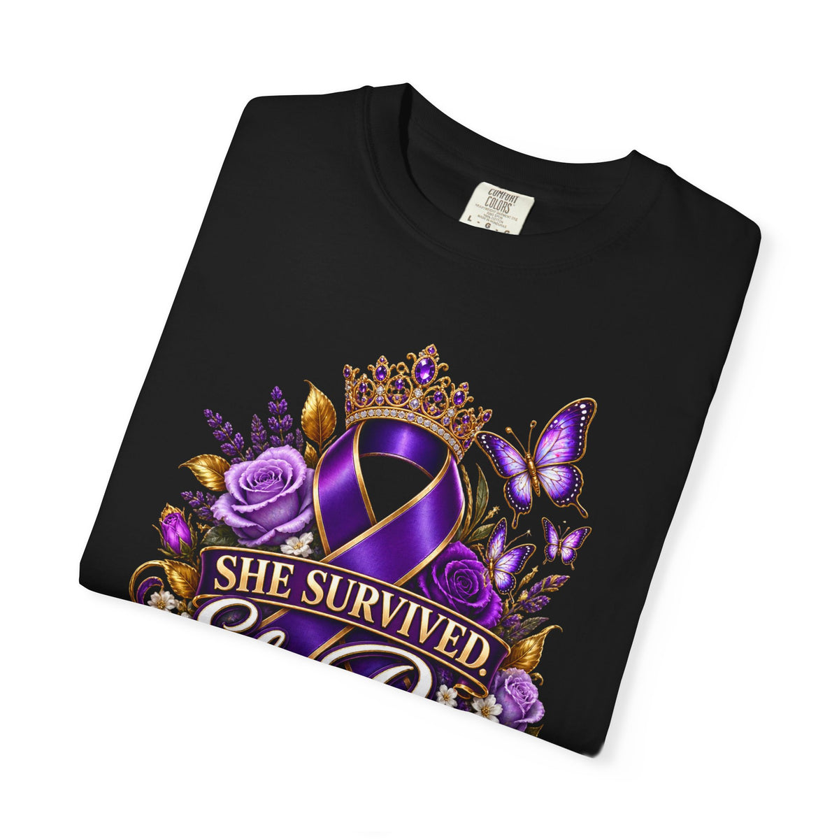 Survivor Awareness T-Shirt — "She Survived, She Rose" & "Love Should Never Hurt" Purple Ribbon Design