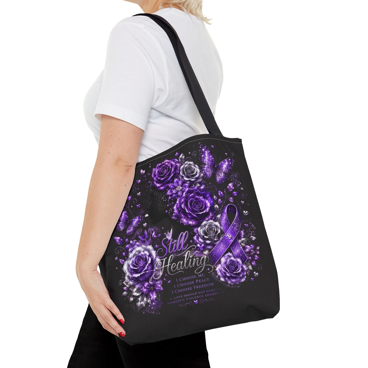 Purple Ribbon 'Still Healing' Floral Tote Bag