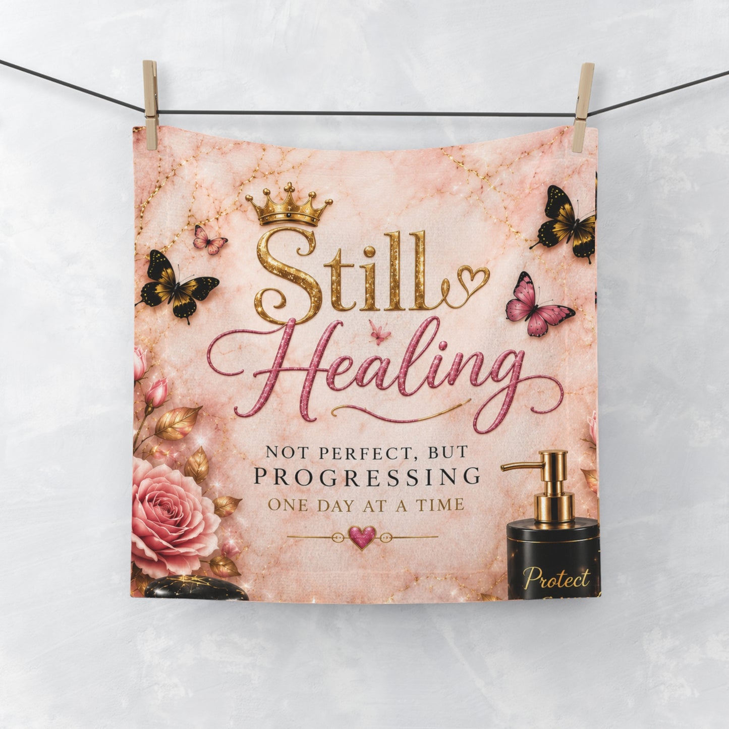 Still Healing Face Towel – Inspirational 'Not Perfect, But Progressing' Floral Design