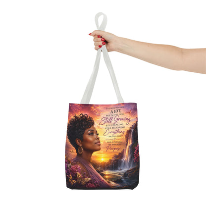 Inspirational 'Still Growing' Tote Bag — Empowering Women's Portrait Beach Sunset Design