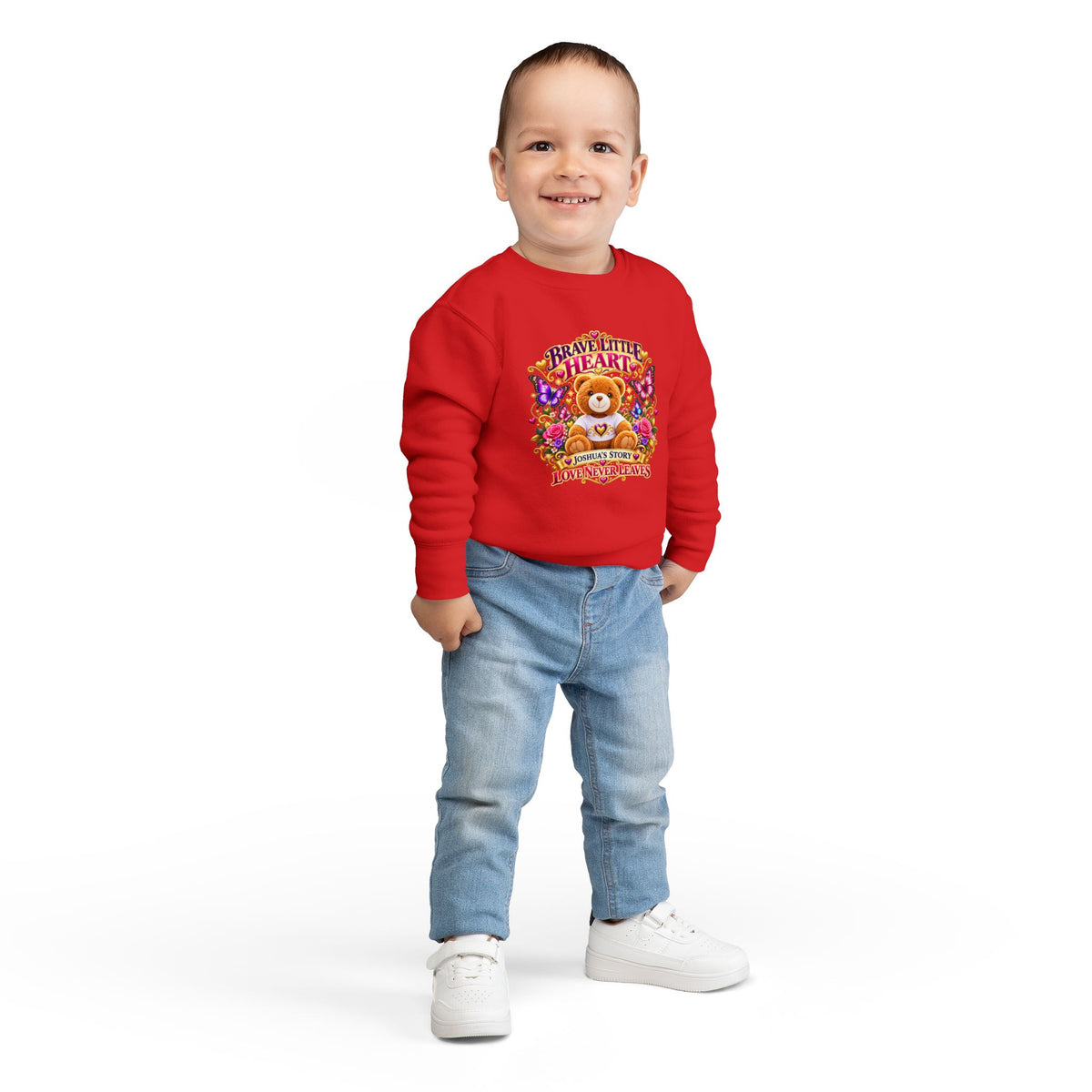 Brave Little Heart Toddler Sweatshirt – Personalized Bear & Butterflies “Love Never Leaves”